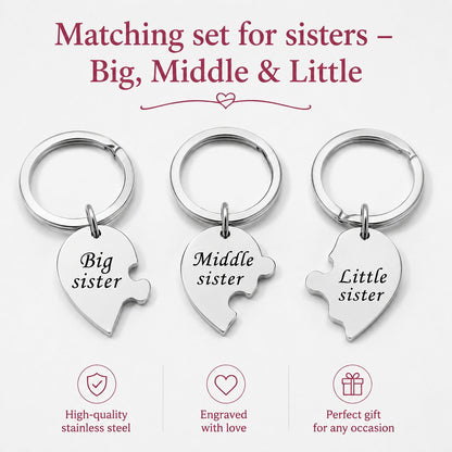 Sister Puzzle Keychain Set (3 Pieces) – Big, Middle & Little Sister Matching Gift