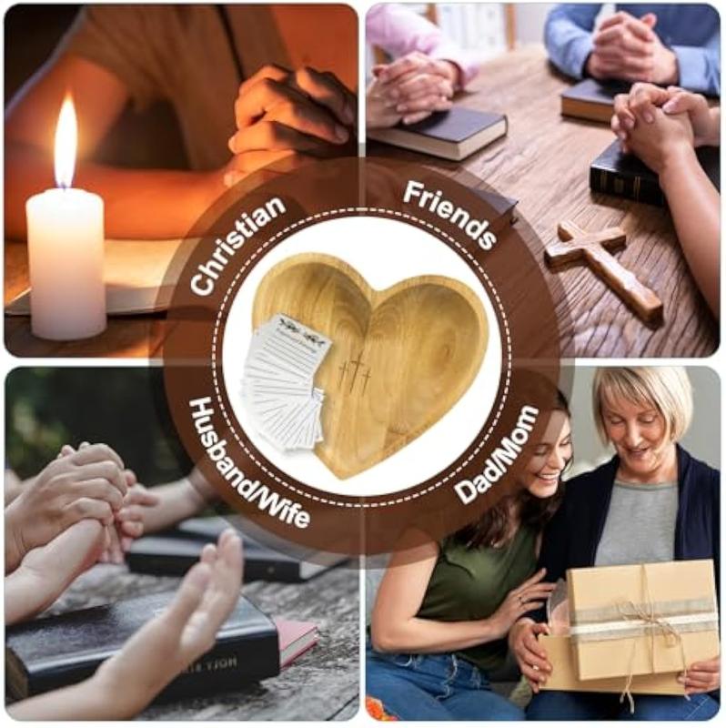 Handmade Retro Wooden Heart Prayer Bowl with 24 Prayer Cards | Cross & Letter Engraving | Christian Decor, Mother’s Day