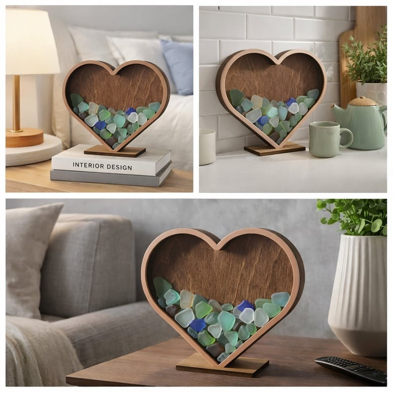 Heart Sea Glass Display Box: Coastal Decor Shadow Box