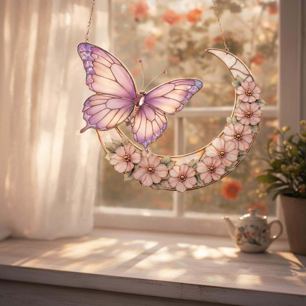 Moonlight Butterfly Stained Glass Hanging Ornament