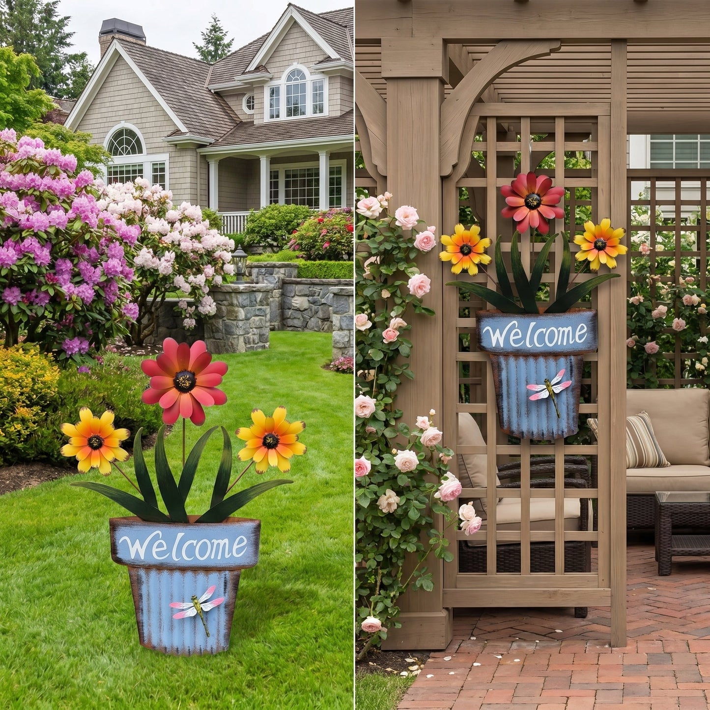 🔥Summer Hot Sale🌻Welcome Flower Pot Metal Garden Decor, Hangable & Stakeable Yard Art