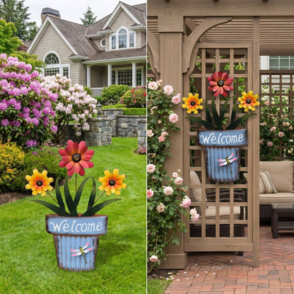 🔥Summer Hot Sale🌻Welcome Flower Pot Metal Garden Decor, Hangable & Stakeable Yard Art
